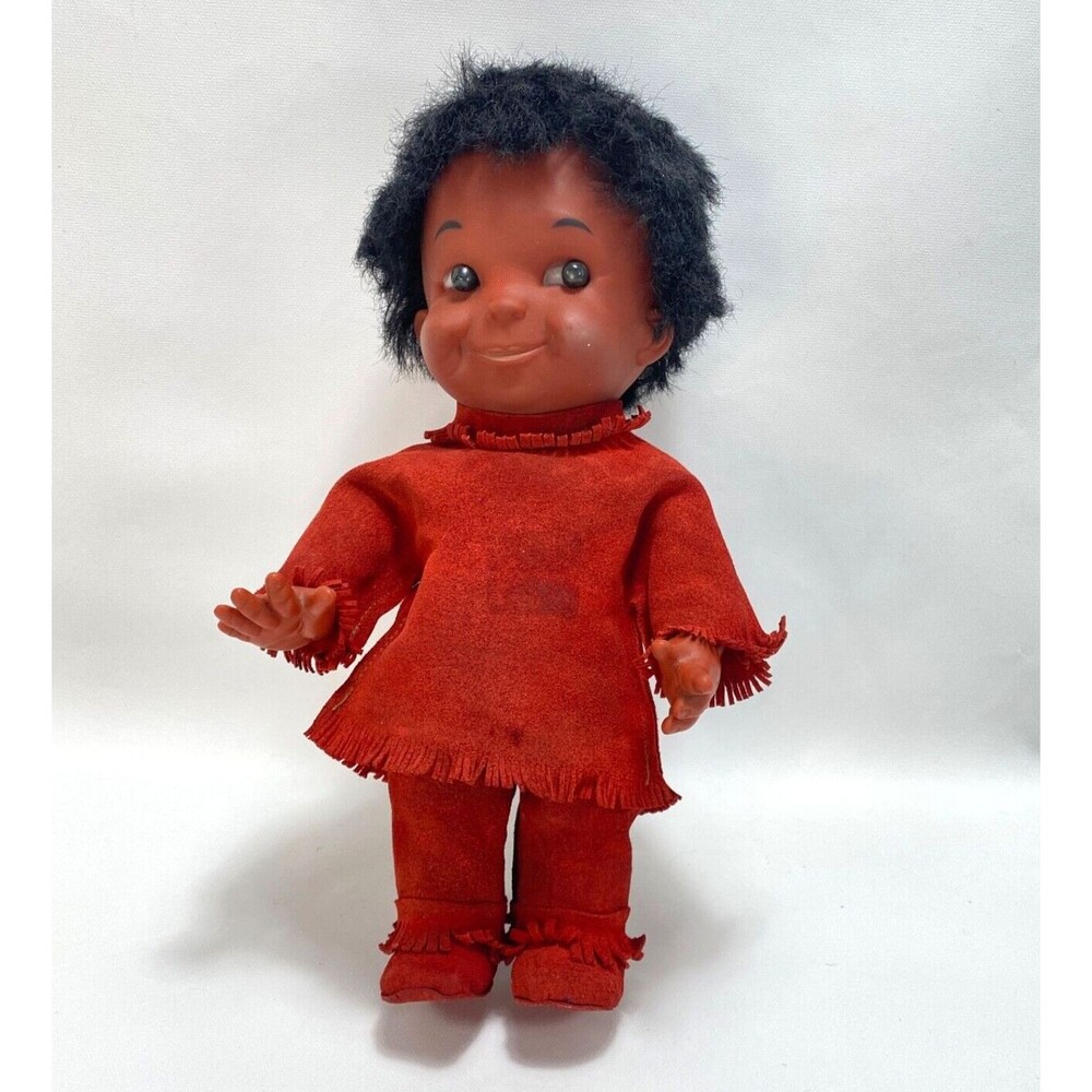 Vintage Native American Boy Doll Dressed Red Leather Suede Clothing 12"
